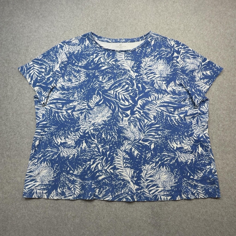 Talbots Tee Shirt Womens 3X Plus Blue Tropical Floral Short Sleeve Crewneck Top